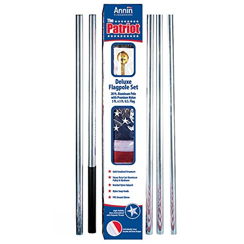 American Flag and Flagpole Set - 20 ft. Aluminum 5 Section In-Ground Flagpole, Includes a US Flag 3x5 ft. SolarGuard Nylon by Annin Flagmakers, Patriot Kit Model 742360