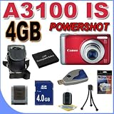 Canon PowerShot A3100IS 12.1 MP Digital Camera w/4x Optical IS Zoom (Red) 4GB BP8L Battery BigVALUEInc Accessory Saver Bundle