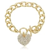 Goldtone with Clear Iced Out Heart 8.5 Inch Cuban Link 12mm Toggle Bracelet thumbnail