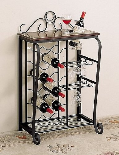 Black & Cherry Finish Wine Rack w/12 Bottle Wine & Ice Bucket Storage
