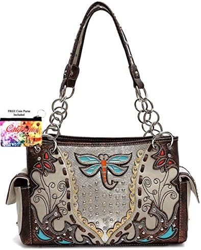 Western Dragonfly Collection, WDRS8469, Purse with Metal Dragonfly, Plus Coin Purse (Brown)