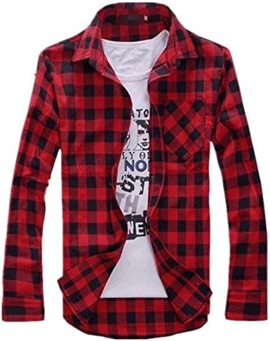 Jierly Mens Vintage Plaid Check Long Sleeve Shirt Slim Fit Shirts for Men T-SHIRT Red M