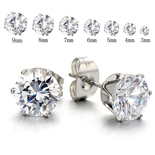 3-9 Mm Mens Ladies White Cubic Zirconia Stud Earrings Stainless Steel, 2pcs