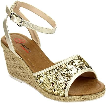 I HEART COLLECTION JULIA-02 Women's Espadrilles Sequins Ankle Strap Wedge Sandal, Color:NUDE, Size:6.5