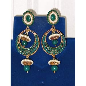 Chandeliers Moon Shape Gold Plated Earrings with Green Beads Pearls Earrings of Indian