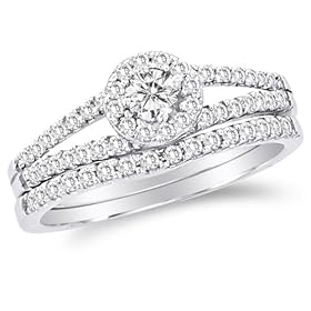 14K White Gold Diamond Classic Traditional Ladies Bridal Engagement Ring with Matching Curved Notched Wedding Band Two 2 Ring Set - Halo Solitaire Setting w/ Channel Set Round Diamonds - (2/3 cttw, G - H Color, SI2 Clarity): Sonia Jewels: Jewelry