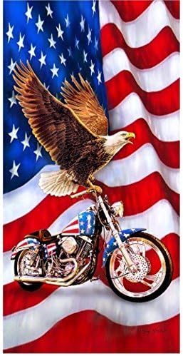 Vibrant Beach or Pool Towel for Adults &amp; Children - Patriotic Red White &amp; Blue Motorcycle Eagle Flag