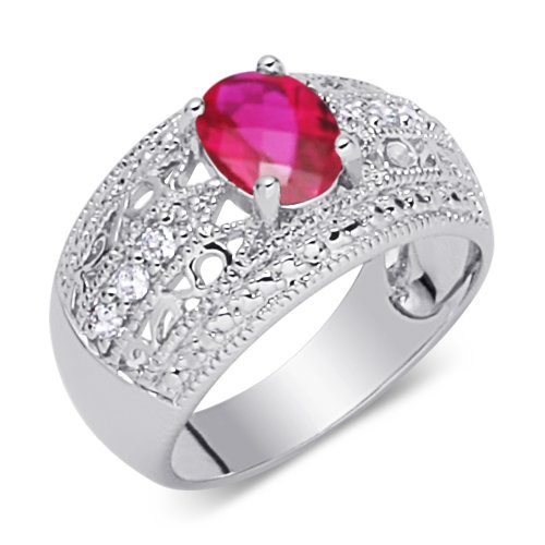 Aristocratic 1.50carats total weight Oval Shape Checker Board Created Ruby & White CZ Size 8 Gemstone Ring in Sterling Silver