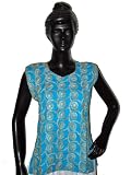 Womans Short Kurtis- Blue White New Age Cotton Kurti Clothing of India Casual Tunic Top Size L