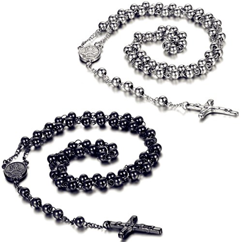 Flongo Men's Women's Vintage Stainless Steel 6mm Beads Jesus Christ Crucifix Cross Rosary Pendant Necklace, 30 inch