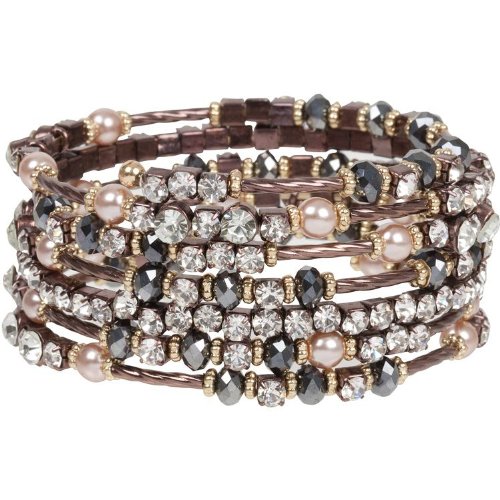 Breathtaking Hematite and Clear Crystal on Chocolate Gold Finish Wrap Bracelet with Faux Pearl Accents