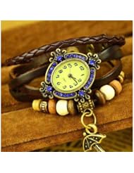 Vintage Brown Leather Watch Lady Umbrella Bracelet Wrist Watch