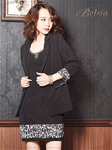 【BELSIA】誘惑大人レオパード切替セレブ膝丈ワンピーススーツ/キャバスーツ(S/M/L)*bs2036-st