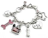 Fun Doggy Woof Themed Charm Bracelet Burnished Silver Tone with Dog, Bone & Doggy Carrier...