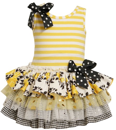 Bonnie Jean Baby/INFANT 12M-24M 2-Piece YELLOW BLACK WHITE STRIPED MULTI TIERED MIX-PRINT DROP WAIST Special Occasion Girl Party Dress