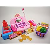 Pretend Play Cash Register with Accessories, Sound, Light, Scanner, and Microphone for Kids (Color May Vary)