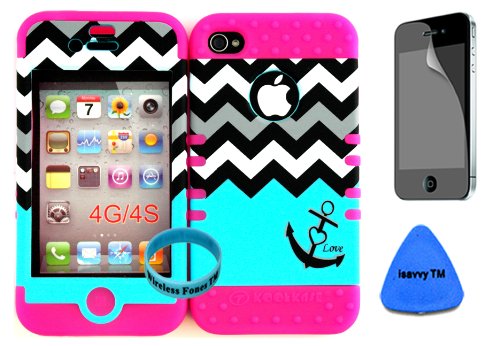Bumper Case for Apple iphone 4 4G 4S Blue Block Chevron with small Anchor Hard Plastic Snap on over Pink Silicone Gel(Wireless fones Wristband, Screenprotector,and prytool included)