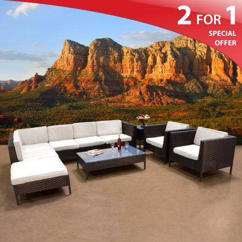 Rio Modern Outdoor Patio Wicker Sectional Furniture 9 Piece Set Ivory