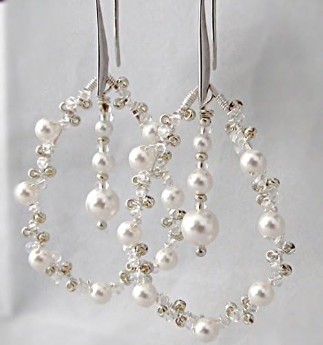 2 Inch Long, Large Silver Tone, White Simulated Pearl and Crystal Beaded Hoop Chandelier Earrings. Bridal, Wedding, Women's Fashion Jewelry.