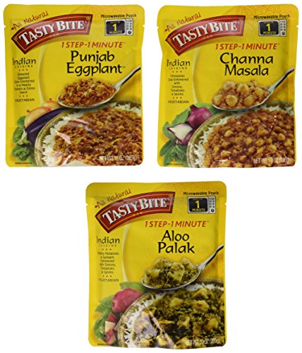 Tasty Bite Heat & Eat Indian Cuisine Side Dish 3 Flavor Variety Bundle: (1) Tasty Bite Punjab Eggplant, (1) Tasty Bite Channa Masala, and (1) Tasty Bite Aloo Palak, 10 Oz. Ea. (3 Pouches Total)
