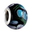 Pandora Style Charm Bead (Z311) Murano Style Glass (14mm x 10mm) (fits Troll too) ~ Black with Blue, Pink and Green Abstract Flowers