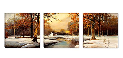 Mon Art - Scenery Beautiful Trees river Snow Portray Modern Canvas Art Wall Decor Realistic Paintings Abstract Paintings Occident Style on Canvas Stretched and Framed Ready to Hang