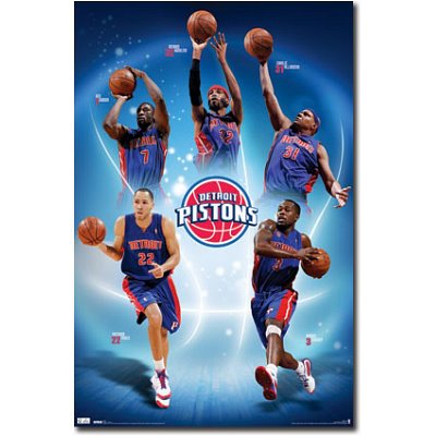 Professionally Framed Detroit Pistons Ben Gordon Richard Hamilton Villanueva Stuckey Prince Sports Poster Print - 22x34 with RichAndFramous Black Wood Frame