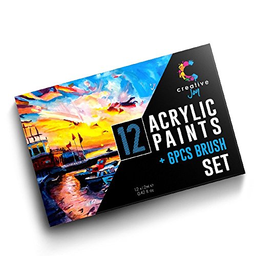Creative Joy Acrylic Paint & Brush Set – Paint on Canvas, Wood, Clay, Fabric And Ceramic – Vivid, Rich Pigments With Lasting Quality – Great For Beginners, Students & Professional Artists – 12 Colors