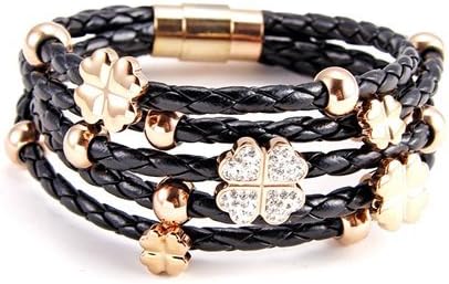 Black Braided Leather Five Strand Bracelet with Clovers and Rings Charms White Pave Crystals.