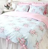 Shabby and Elegant Blue Rose/pink Gingham With Cute ribbon ties Cotton 4pc Bedding Set, Queen Size