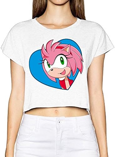 Womens Sonic X Heart Amy Rose Anime Cartoon Basic Crew-neck Crop Top Shirt