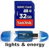 32GB SDHC SD 32 GB Sandisk Speicherkarte für Panasonic Lumix DMC-TZ10EG-K/DMC-FS10EG-K/DMC-TZ10EG-T/FZ45EG-K/DMC-TZ10EG-S/DMC-TZ10EG-R/DMC-TZ10EG-A/DMC-FZ100EGK/DMC-TZ8EG-K/DMC-FS10EG-S/DMC-FS10EG-D/DMC-TZ8EG-S/Canon IXUS 105/IXUS 130/Canon PowerShot D10/SX30 IS/S95/SX210 IS/SX 130 IS/Samsung ES75/ES65/ES70/WB2000/Casio Exilim EX-Z350/EX-H15/Nikon Coolpix S8000/P7000/S8100/Fujifilm Finepix S1600 + Lights and Energy Micro USB SDHC Reader