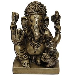 Seated Statue Brass Lord Ganesha with 2 Pillows 4 x 2.75 x 3.75 inches