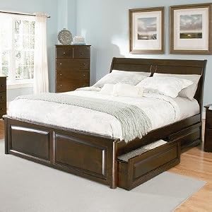 Atlantic Furniture Bordeaux Platform Bed with Raised Panel Drawers in Antique Walnut