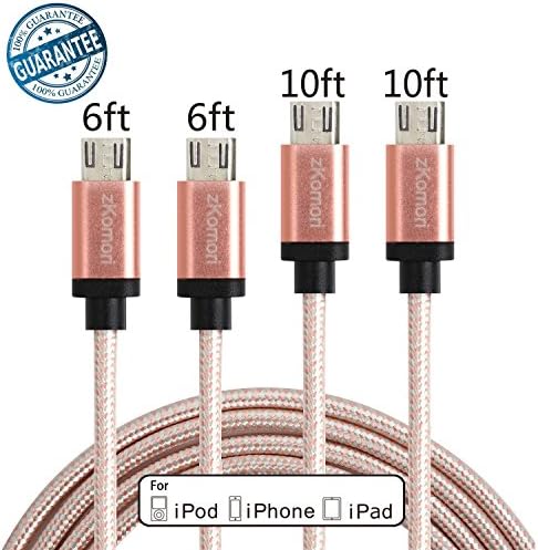 Zkomori Micro USB Cable 4Pack 6ft 10ft High Speed Nylon Braided Cord for Samsung, HTC, Motorola, Nokia, Android, and More