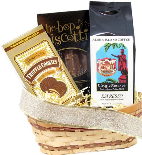 Kona Smooth Hawaiian Espresso Coffee, Biscotti & Cookies Gift Basket, 8 Oz Whole Bean, for All Occasions; Great Gift for Men