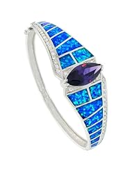 Sterling Silver Bangle Bracelet Synthetic Opal Inlay Marquise Cut Amethyst Color & Brilliant Cut Clear CZ Stones 3/4 inch (19 mm) wide,