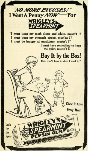 1913 Ad Wrigley's Spearmint Pepsin Chewing Gum Poem Pricing Mother Sewing Son - Original Print Ad