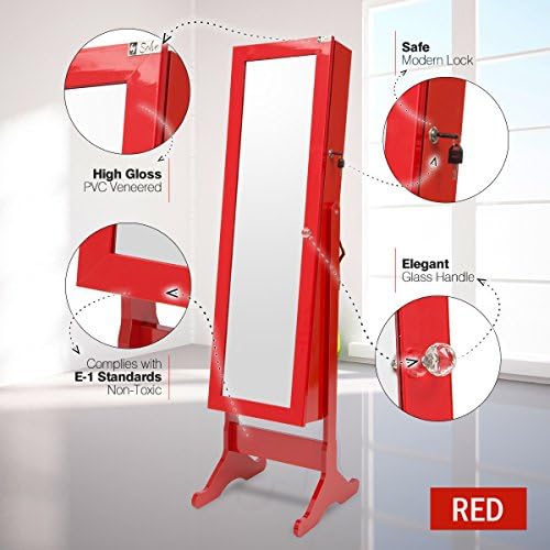 Bysolvo Jewelry Armoire with Mirror, Red