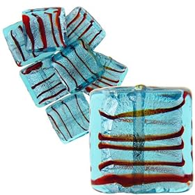 Blue Red Stripes 19x19mm Silver Foil Murano Glass Bracelet Loose Beads by Pugster