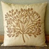 11% Holiday Sale - The Gold Tree - 18x18 Inches Throw Pillow Covers - Silk Pillow Cover with Bead Embroidery