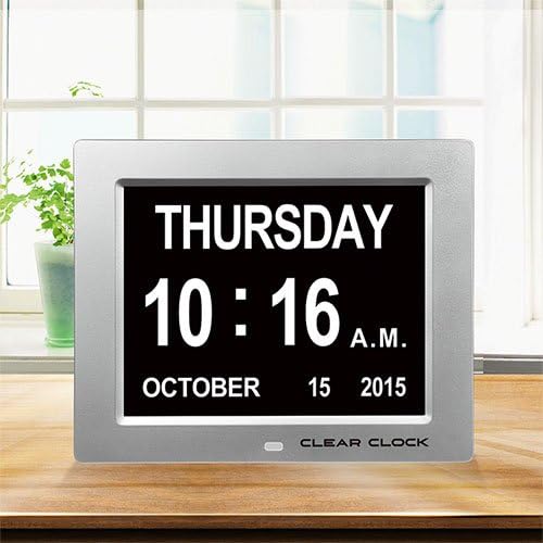 Clear Clock Memory Loss Digital Calendar Day Clock With Full Day &amp; Month Spelling No Abbreviations Great For Seniors (Silver)