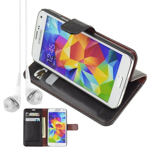 PU Leather Folio book style Flip Cover Stand Case for Samsung Galaxy S5 S 5 SV - Black + VanGoddy Headphone with MIC , White