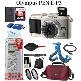 Olympus PEN E-P3 12.3 MP Live MOS Micro Four Thirds Interchangeable Lens Digital Camera (White) with 17mm Lens (Silver) + BONUS Olympus Voice Recorder WS-600S + LEXSpeed 32GB SDHC Memory Card + Extra PS-BLS1 Battery + Lowepro Deluxe Camera Bag + 2pc Multi-Coated Essential Filter Kit + Flexpod