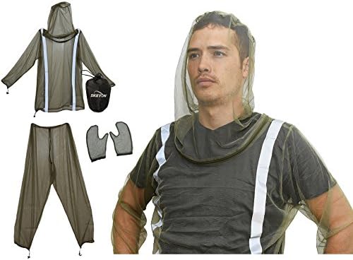 Sketon Mosquito Bug Net Jacket with Reflectors, Pants and Mitt's Mosquito Suit Bug Suit with Zipper on Hood for Camping Hiking and Yard Work, for Bug Mosquito Protection with Small Carrying Pouch