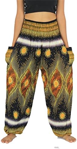 NaLuck Women's Boho Hippie Peacock Jumpsuit Rayon Smocked Waist Yoga Aladdin Harem Pants PJ04-BlackYellow