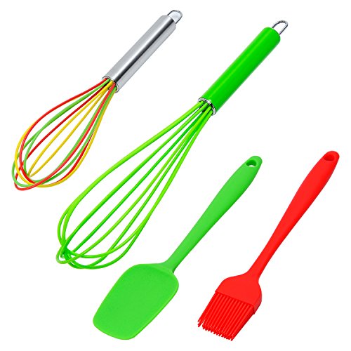 Premium Stainless Steel Kitchen Whisk Set of 4, Starker Home and Kitchen Elite Chef Recommend Silicone Spatula Kitchen Gadgets Whisk Baking Supplies Grill Brush, Baking, Cooking(a)