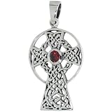 Sterling Silver Celtic High Cross Pendant w/ Single Red CZ, w/ 18" Thin Box Chain