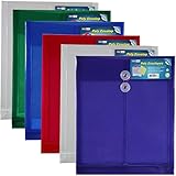 Letter Size Poly String Envelope with Expandable Gusset, 6pc Mix Colors Set(1green,1blue,2clear,1purple,1red), Water/tear Resistant-translucent