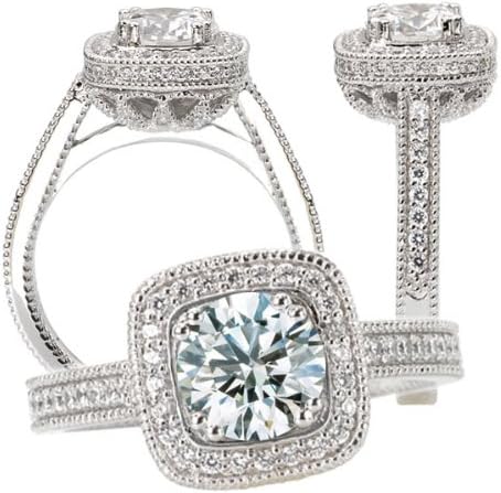 18k Elite Collection lab-grown 6.5mm round moissanite engagement ring with square diamond halo